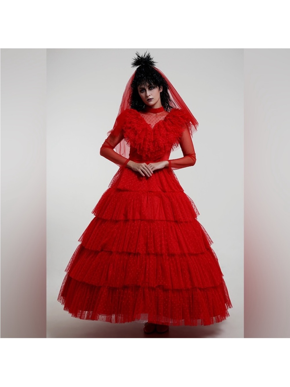 miccostumes Lydia Deetz Beetlejuice Gothic Red Wedding Style Dress Halloween Cos